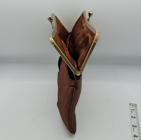 Vintage Burnt Copper Satin Fold-Over Clutch | Rhinestone Flower Details